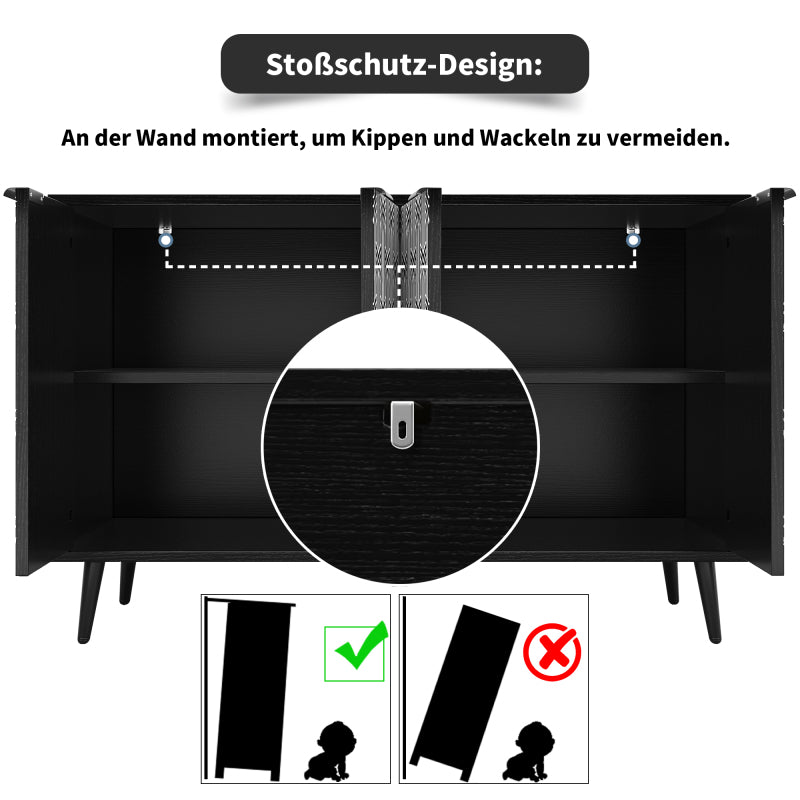 Esszimmerschrank (120×35×78cm), Esszimmer- und Wohnzimmer-Aufbewahrungsschrank, einzigartiges Schranktürdesign, freistehender Schrank, Antidumping, Fischgrätenmuster, geschnitzte Tür, schwarz