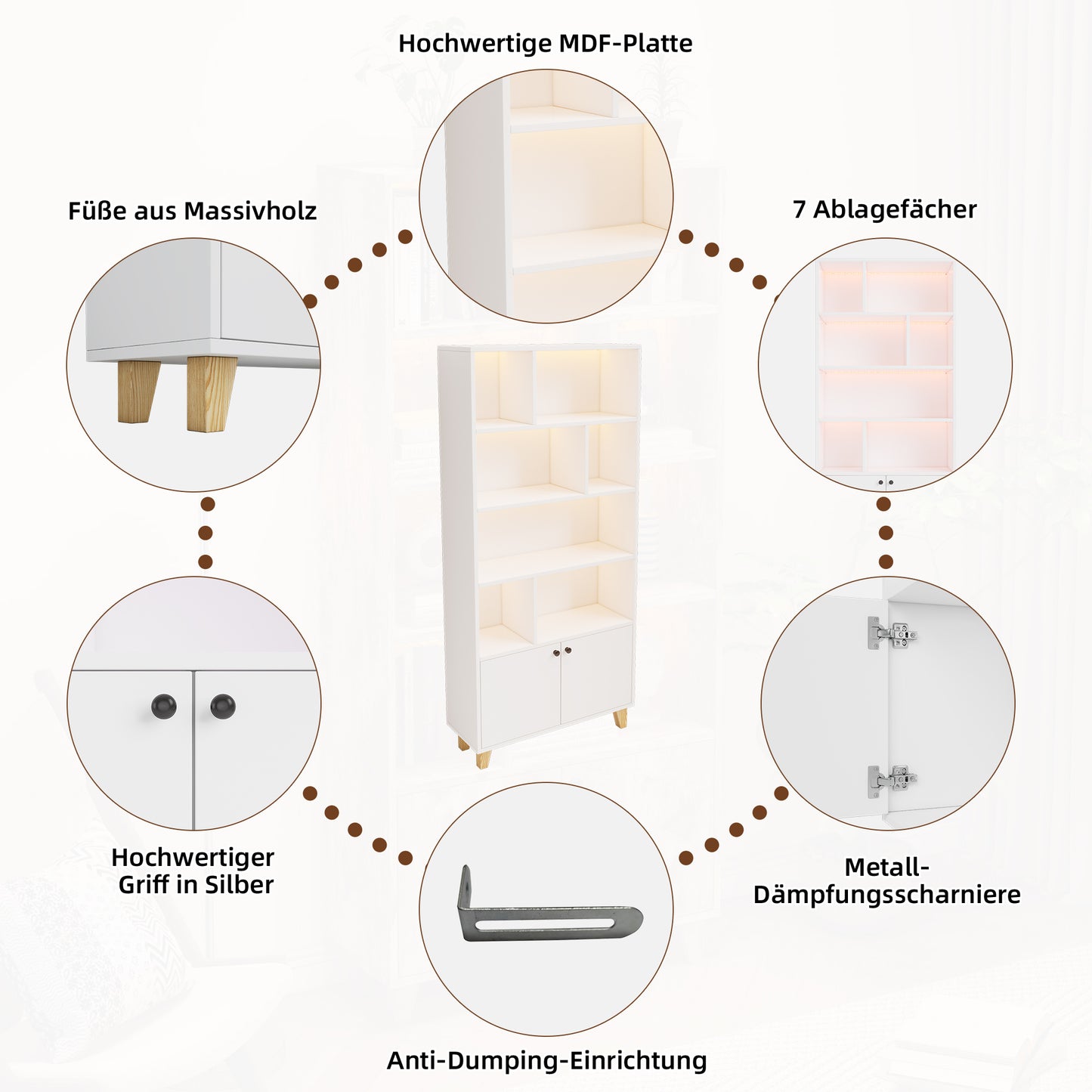 Bücherregal, LED-Farbwechsel-Ambientelicht, Fernbedienung, einfache Form,weiß