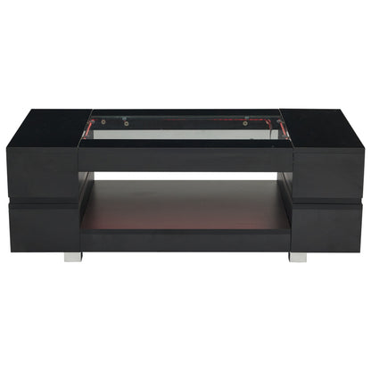 Schwarzer LED-Couchtisch mit Bluetooth-App-Steuerung, doppelschichtiger Hochglanz-Hohldesigntisch, geeignet für Partys, Büros, Wohnzimmer