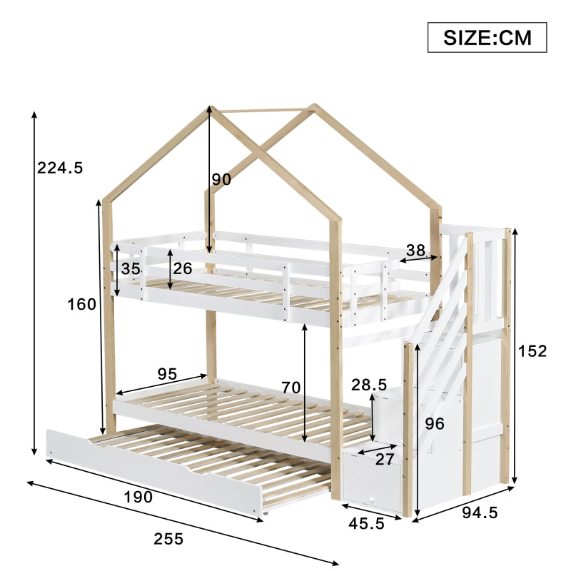 Etagenbett, Ausziehbares Baumhausbett, Schiebebett, Treppe mit 3 Schubladen, Kinderbett mit Absturzsicherung und Kinderbettgitter, mit Lattenroste, Natur+Weiß (90x200cm&90x190cm) [30813567NAA]