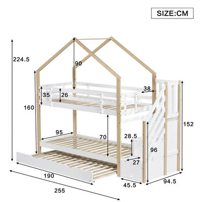 Etagenbett, Ausziehbares Baumhausbett, Schiebebett, Treppe mit 3 Schubladen, Kinderbett mit Absturzsicherung und Kinderbettgitter, mit Lattenroste, Natur+Weiß (90x200cm&90x190cm) [30813567NAA]