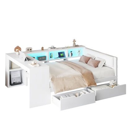 140x200 Holz-Plattformbett mit Ablageflächen, Schubladen, Ladestation und gepolstertem Kopfteil, Mit bunten LED-Leuchten, Weiß