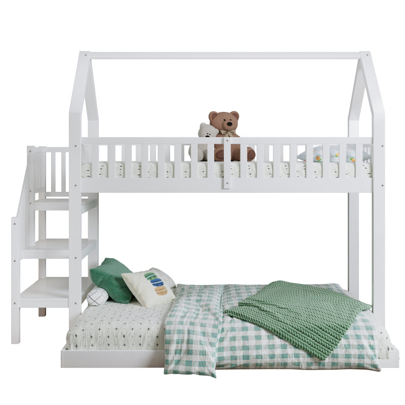 [29994142WAA]Etagenbett, Hausbett mit Treppe, Kinderbett mit Fallschutz und Gitter, Rahmen aus Kiefer, weiß (90x200&140*190cm)