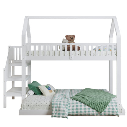 [29994142WAA]Etagenbett, Hausbett mit Treppe, Kinderbett mit Fallschutz und Gitter, Rahmen aus Kiefer, weiß (90x200&140*190cm)