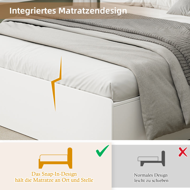 Stauraumbett 140*200cm, Doppelbett,Funktionsbett,Massivholzbett, mit USB-Anschluss, mit Aufbewahrungsbox unter dem Bett, mit Stauraum, ohne Matratze, weiß