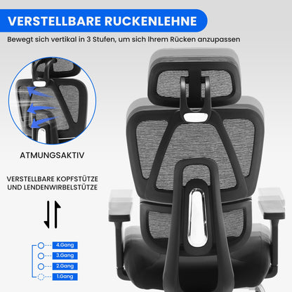 3D Ergonomischer Bürostuhl 200KG Großer und hoher Bürostuhl mit 3D Weiches Kissen 4D Armlehnen Schreibtischstuhl Mesh Bürostuhl für Haus und Büro Atmungsaktiver Netz-Chefsessel