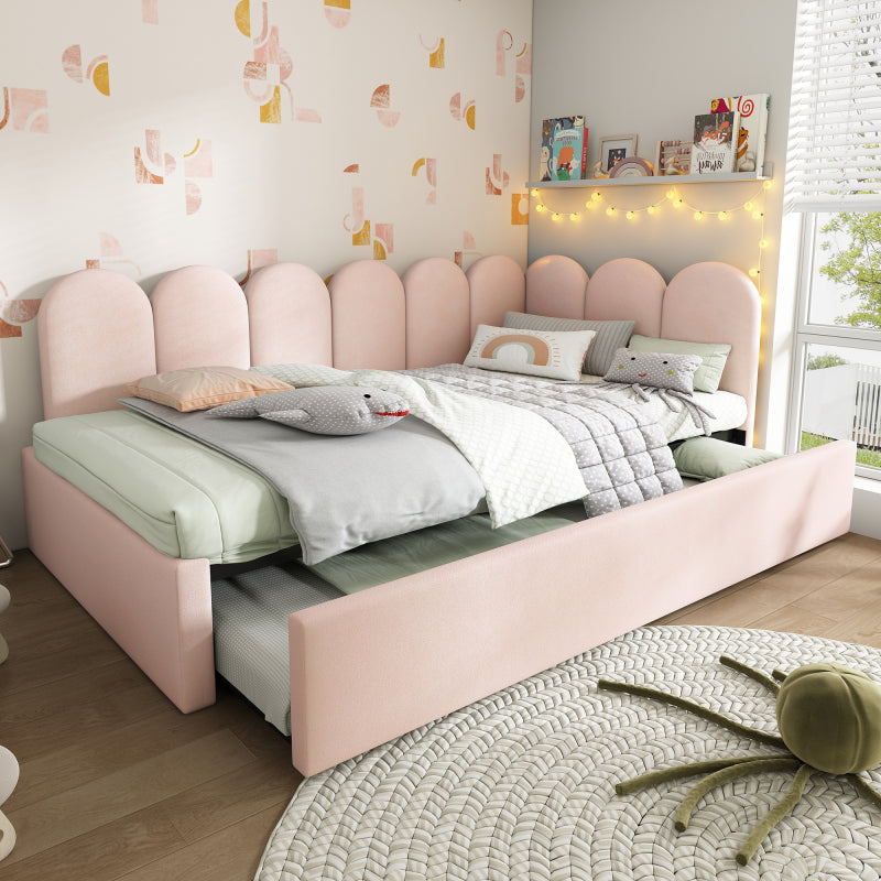 Polsterbett Daybett 90x200cm,Tagesbett Schlafsofa mit Ausziehbett 90x190cm, Kinderbett mit Lattenrost, Samt, Rosa, ohne Matratze