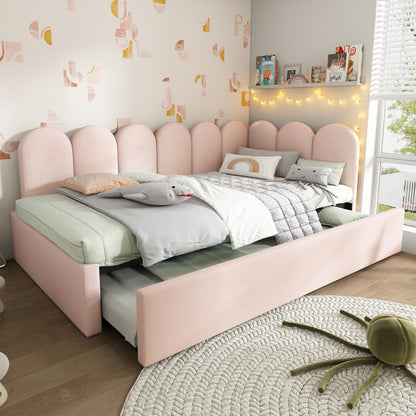 Polsterbett Daybett 90x200cm,Tagesbett Schlafsofa mit Ausziehbett 90x190cm, Kinderbett mit Lattenrost, Samt, Rosa, ohne Matratze