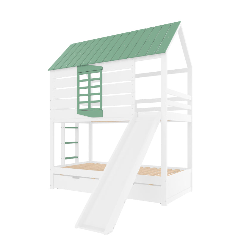 90X200 Haus-Etagenbett mit Rutsche und 2 Schubladen, Weiß+Grün