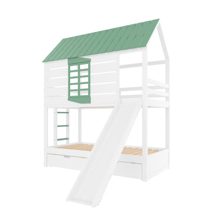 90X200 Haus-Etagenbett mit Rutsche und 2 Schubladen, Weiß+Grün