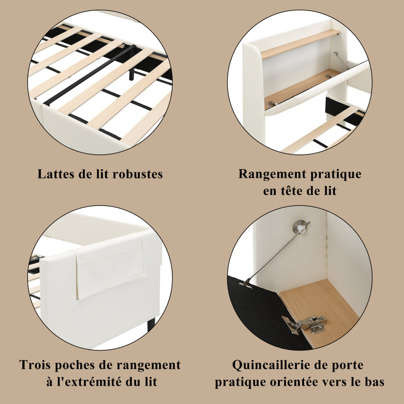 Kinder-Spleißbett, Polsterbett, Tagesbett, Schlafsofa mit Metallbettgestell, Kindernachttisch mit unterer Klapptür, 3 kleine Aufbewahrungstaschen, PU+MDF+Sperrholz, Weiß, 90x200cm