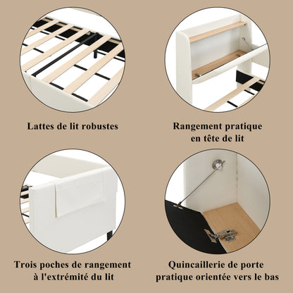 Kinder-Spleißbett, Polsterbett, Tagesbett, Schlafsofa mit Metallbettgestell, Kindernachttisch mit unterer Klapptür, 3 kleine Aufbewahrungstaschen, PU+MDF+Sperrholz, Weiß, 90x200cm