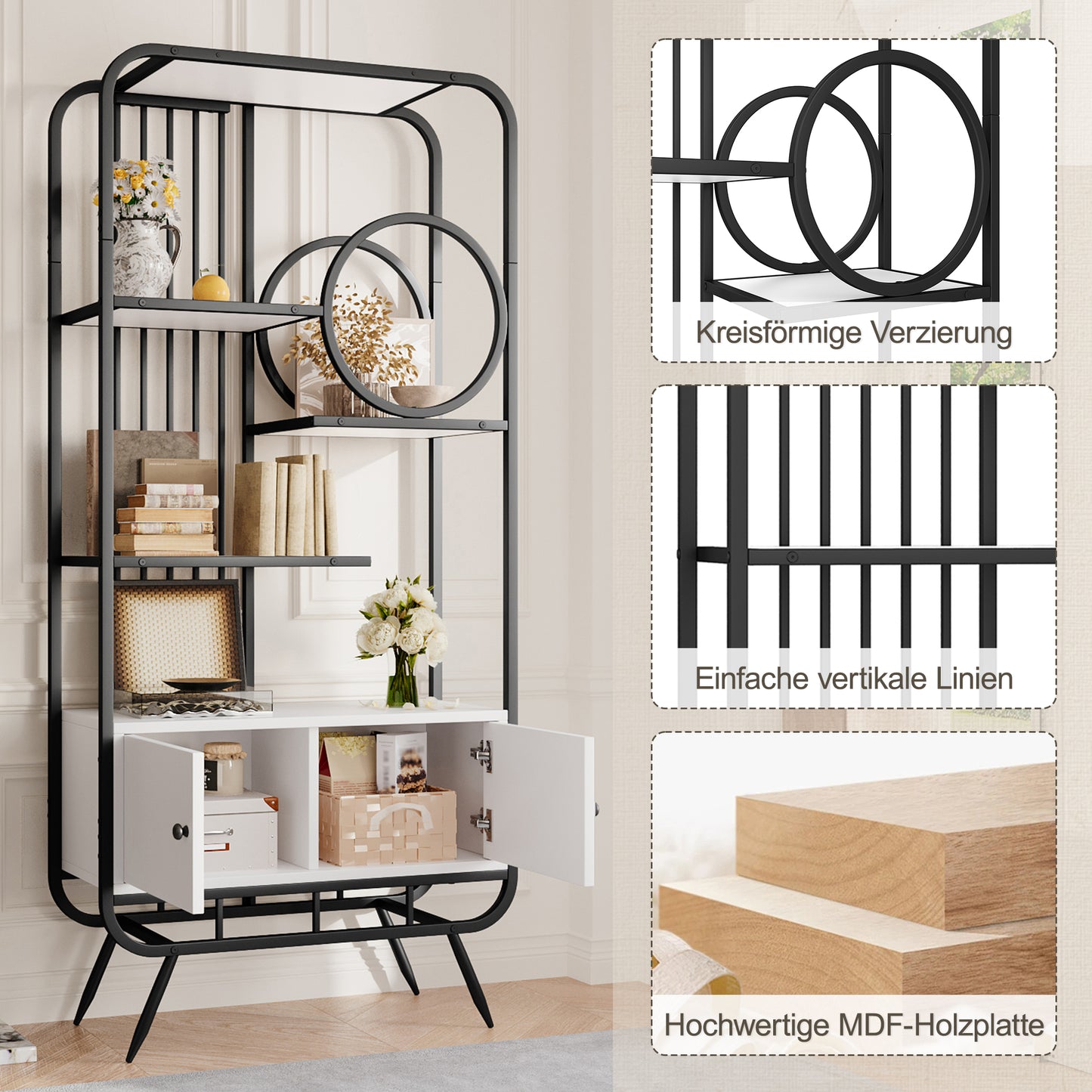 80 x 30 x 180 cm Metallregal, weißer Lagerschrank mit Doppeltür, drei Regalböden, schwarzes Metallregal, hohe Metallfüße, runde Dekoration, weiß + schwarz