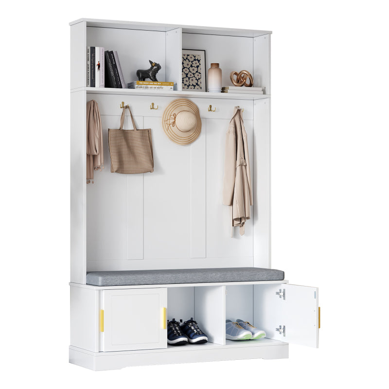 Garderobenständer mit  Schuhbank, Garderobe,  6 Dreifach-Haken,freistehend, platzsparend, für Eingangsbereich,Flur, Weiß