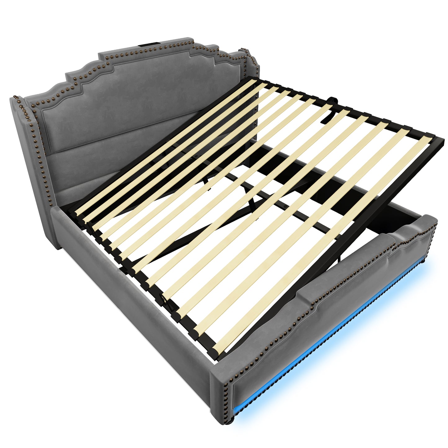 Polsterbett 140x200, Doppelbett mit hydraulischem Stauraum, LED-Beleuchtung und USB-C-Ladeanschluss, Stauraumbett und Jugendbett mit Lattenrost, Samt, Grau, ohne Matratze