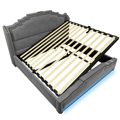 Polsterbett 140x200, Doppelbett mit hydraulischem Stauraum, LED-Beleuchtung und USB-C-Ladeanschluss, Stauraumbett und Jugendbett mit Lattenrost, Samt, Grau, Mit Matratze