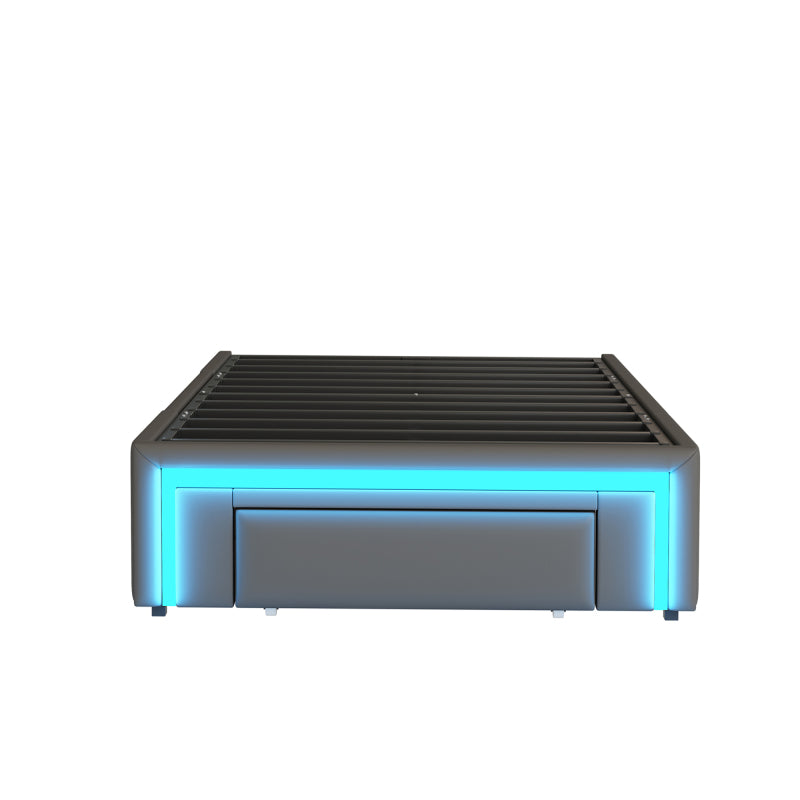 Bettgestell 90X200 mit Schubladen, PU-Leder Bett ohne Kopfteil Mit LED-Lichtleiste, MetalllattenPlattformbett für moderne Schlafzimmer Grau