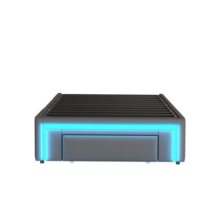 Bettgestell 90X200 mit Schubladen, PU-Leder Bett ohne Kopfteil Mit LED-Lichtleiste, MetalllattenPlattformbett für moderne Schlafzimmer Grau