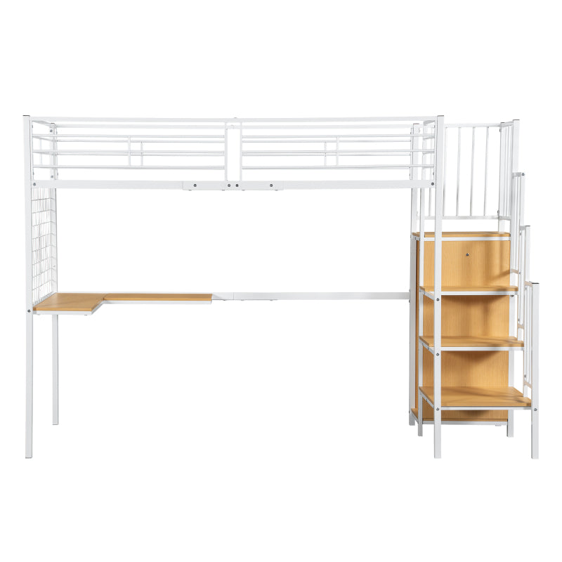 Eisenbett, Etagenbett, Hochbett, Geeignet für Kinder und Jugendliche, mit Tisch und Kleiderschrank, Seitenleiter mit Handlauf, Eisen+Spanplatte, Weiß+Natur, 90x200cm