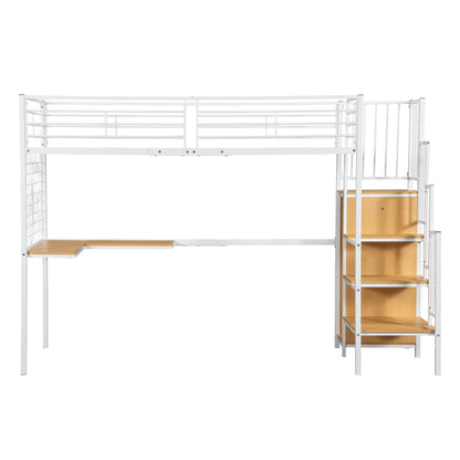 Eisenbett, Etagenbett, Hochbett, Geeignet für Kinder und Jugendliche, mit Tisch und Kleiderschrank, Seitenleiter mit Handlauf, Eisen+Spanplatte, Weiß+Natur, 90x200cm