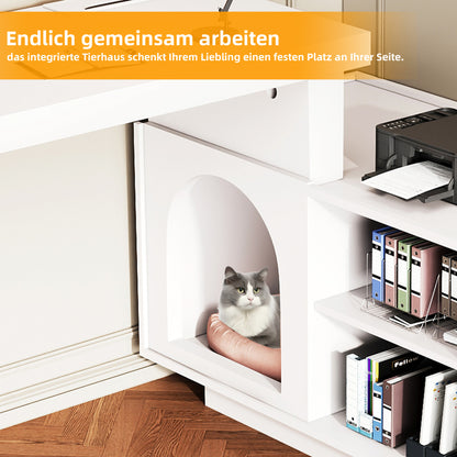 Eckschreibtisch mit integriertem Tierhaus, L-förmig oder einteilig, flexible Montage, Eckschreibtisch für Home Office mit XL-Tierhöhle, White