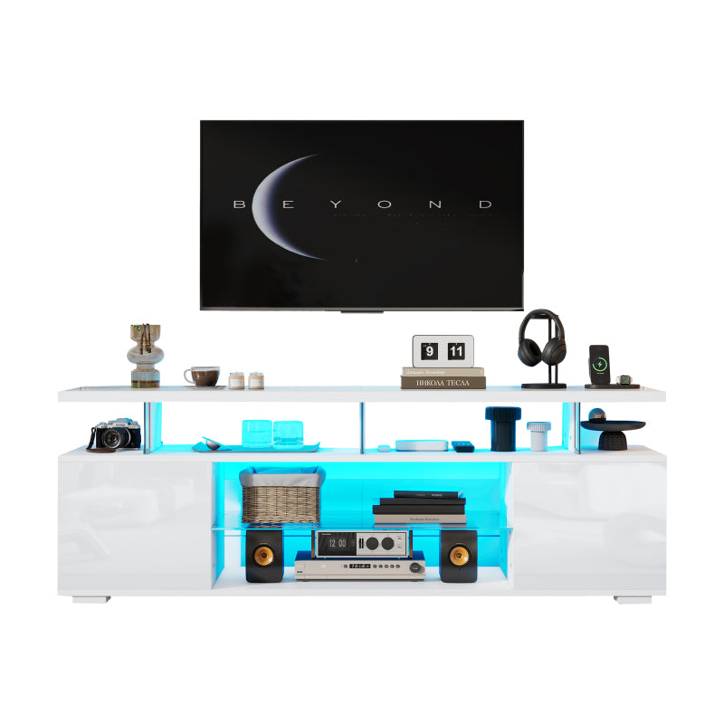 Moderner Low-Panel-Hochglanz-TV-Ständer mit LED-Beleuchtung, TV-Panel, TV-Glasschrank für 60-Zoll-Fernseher, Tische, universelle Gaming-Medienständer, Stauschränke und große Stauräume, Reinweiß