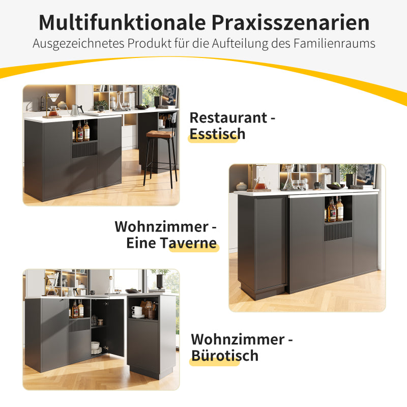 Um 360° drehbarer Bartisch (Hauptkörper 198,5 x 30 x 75 cm), modernes und schlichtes schwarzes Design, mit offenem Stauraum und Marmor-Arbeitsplatte, multifunktionale Aufbewahrungsinsel, geeignet für