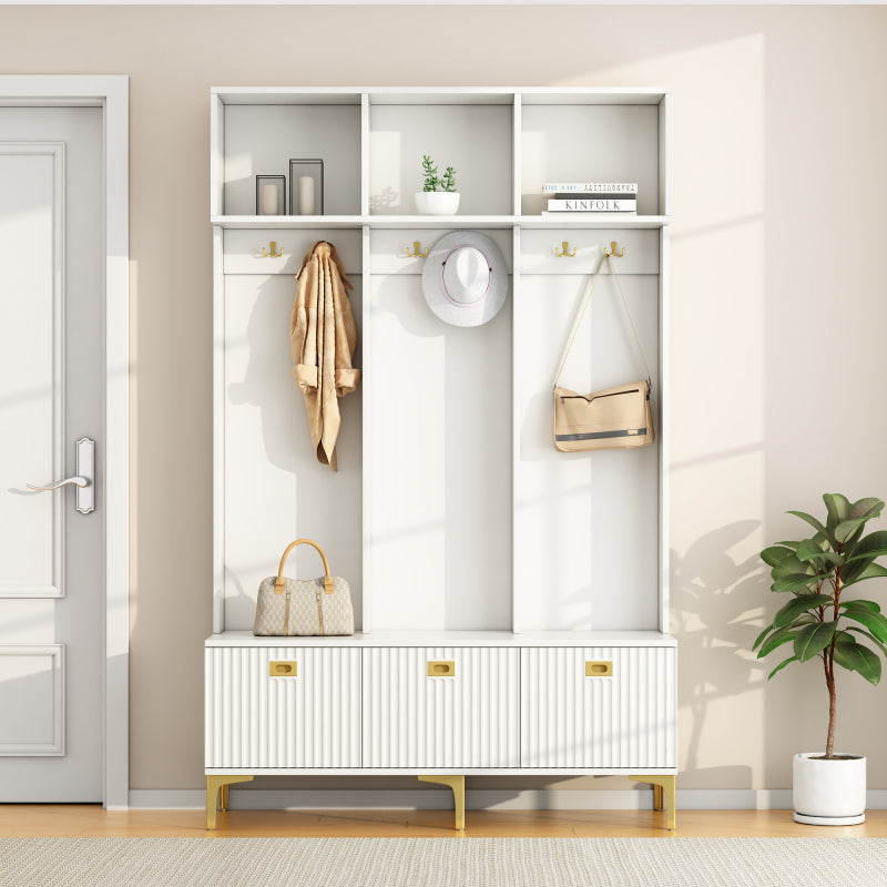 Garderobenset mit Bank, multifunktionale Aufbewahrungsbank, offene Aufbewahrung,6 goldene Haken und Füße, geeignet für Flur, Wohnzimmer, weiß, B120/D40/H191.5CM