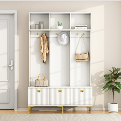 Garderobenset mit Bank, multifunktionale Aufbewahrungsbank, offene Aufbewahrung,6 goldene Haken und Füße, geeignet für Flur, Wohnzimmer, weiß, B120/D40/H191.5CM