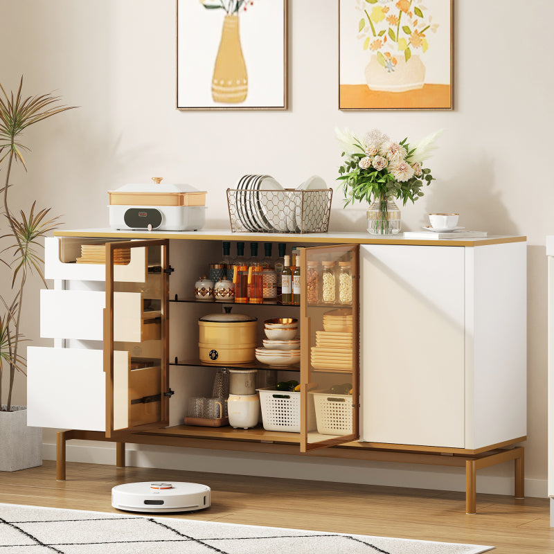 Elegantes Sideboard 150Lx40Bx80H cm, weiß, Arbeitsplatte aus Marmor, goldene Zierleiste - Moderner Stauraumschrank mit Glas- und Holzfächern