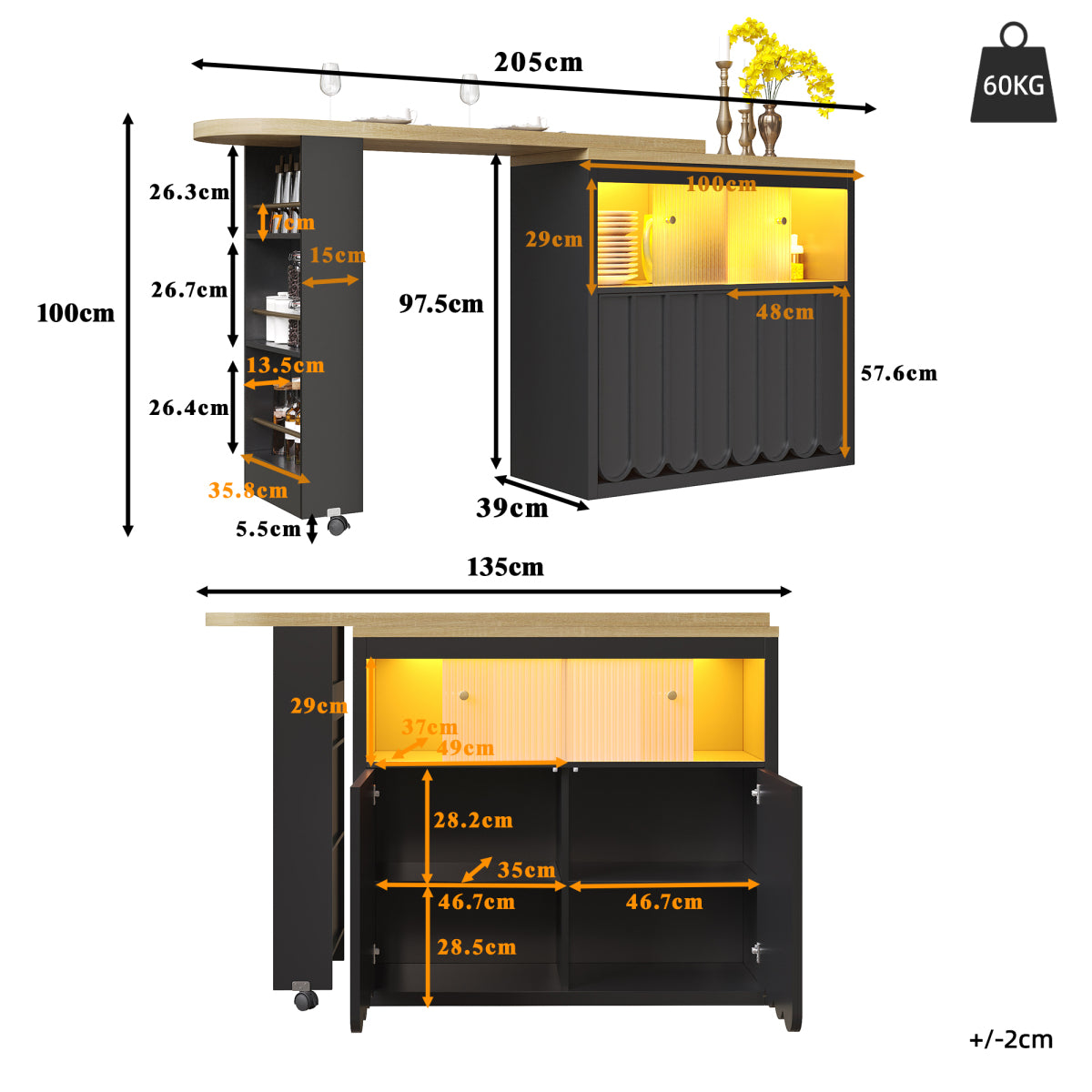 Ausziehbarer Bartisch 135-205cm mit LED & USB, Mobiler Hochtisch Schwarz, Teleskop-Kücheninsel mit Glas-Schiebetür & Soft-Close, Gestreift