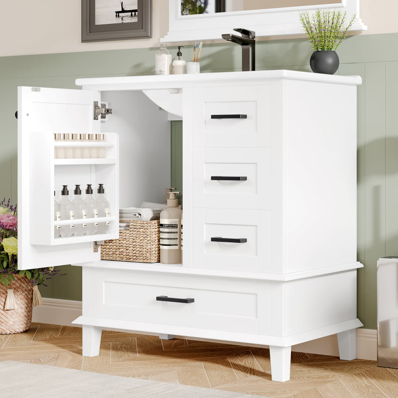 76x46x83,5cm Bodenstehender Badezimmerschrank mit Waschbecken, Waschtisch, komplett lackiert, Türregal, drei geräuschlose Schubladen, integriertes Keramikwaschbecken, weiß