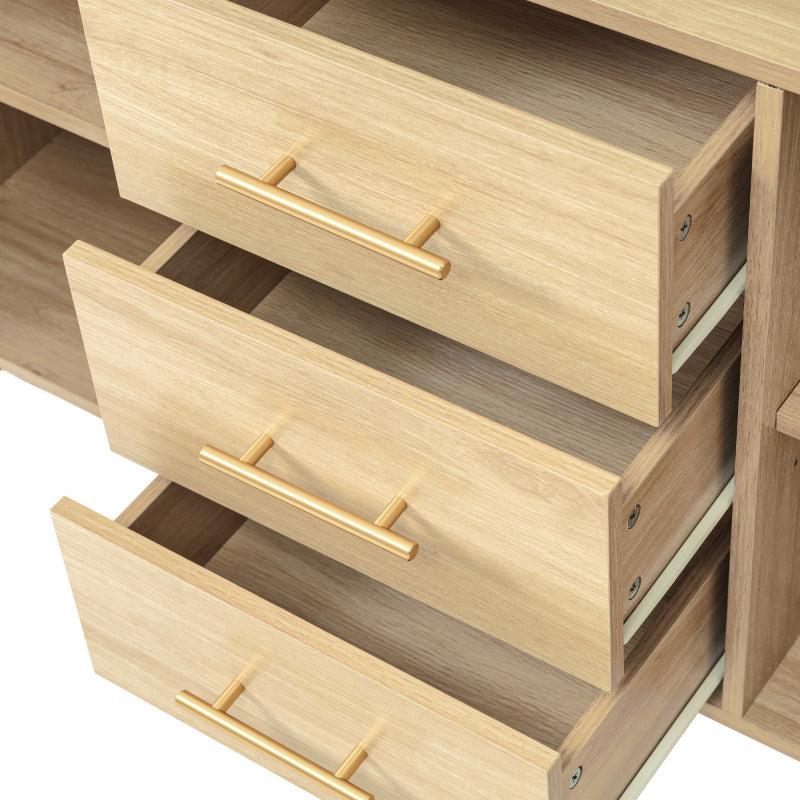 Rattan kommode mit 3-Schubladen und 2-Rattan-Türer,kommode schrank, Schminktisch, für Schlafzimmer und Wohnzimmer, Verstellbare Regale, Kippschutz, 120 x 40 x 74 cm, Sonoma Eiche