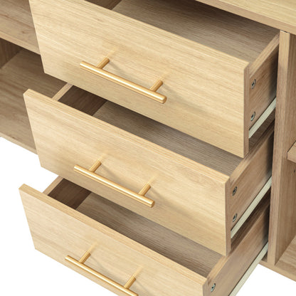 Rattan kommode mit 3-Schubladen und 2-Rattan-Türer,kommode schrank, Schminktisch, für Schlafzimmer und Wohnzimmer, Verstellbare Regale, Kippschutz, 120 x 40 x 74 cm, Sonoma Eiche
