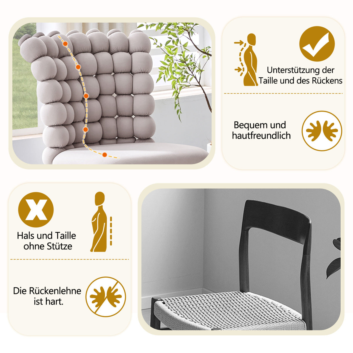 Esszimmerstuhl Samt Hellgrau, Kugelketten-Design, Schwarz-Metallbeine, Modern