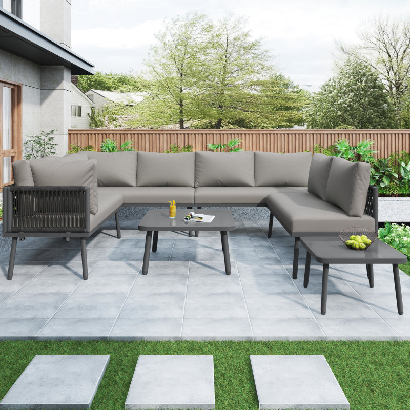 Eisen Garten Loungesessel Set, U-förmiges Gartenmöbel Set, balkon möbel, Wetterfestes Outdoor Ecksofa, terassenmöbel außen, für 8 Personen, mit 2 Tischen und 4 Zweisitzer-Sofas, Kissen inklusive, vers