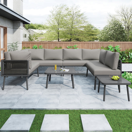 Eisen Garten Loungesessel Set, U-förmiges Gartenmöbel Set, balkon möbel, Wetterfestes Outdoor Ecksofa, terassenmöbel außen, für 8 Personen, mit 2 Tischen und 4 Zweisitzer-Sofas, Kissen inklusive, vers