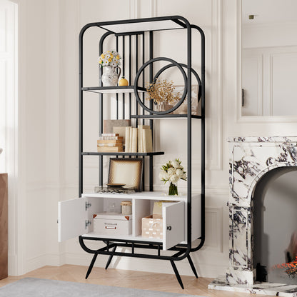 80 x 30 x 180 cm Metallregal, weißer Lagerschrank mit Doppeltür, drei Regalböden, schwarzes Metallregal, hohe Metallfüße, runde Dekoration, weiß + schwarz