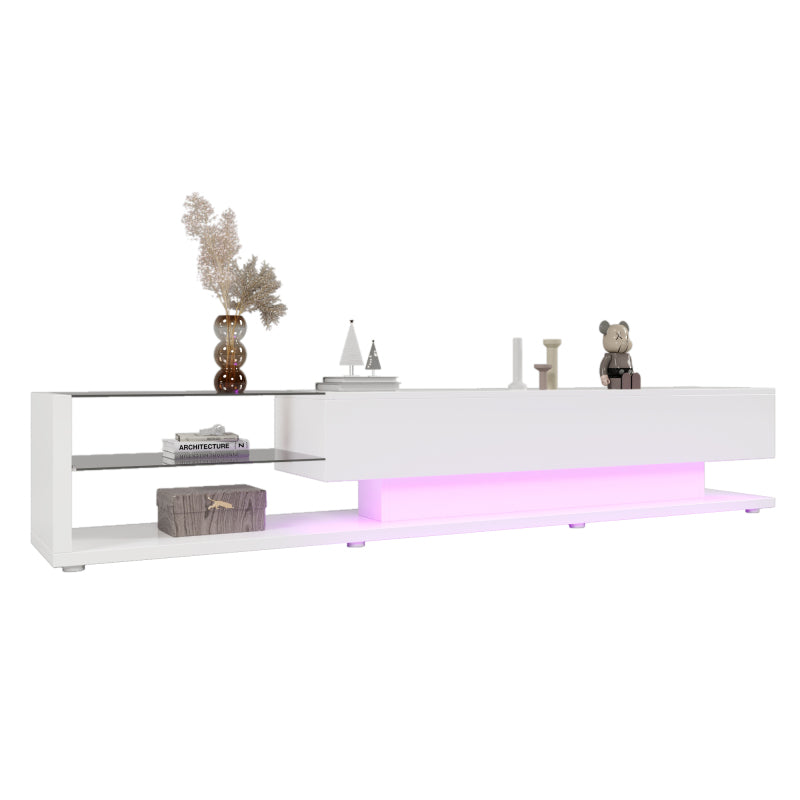 TV-Schränke, niedrige Paneele, hochglänzende weiße Glastrennwände und variable LED-Beleuchtung. Es verbindet natürlichen, rustikalen Stil mit modernem Design.