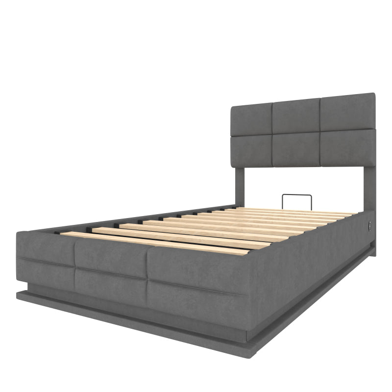 90x200 cm Modernes Velours-Polsterbett mit höhenverstellbarem Kopfteil - Inkl. USB/Type-C-Anschlüssen, LED-Ambientebeleuchtung, hydraulischem Lift-System & XXL-Stauraum (ohne Matratze) - Gray