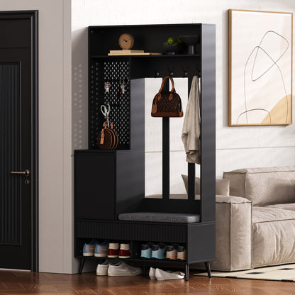 Garderoben-set, Wandgarderobe, Flurgarderobe Set mit Schuhbank, Schwarz,100 Lx35Bx180H cm