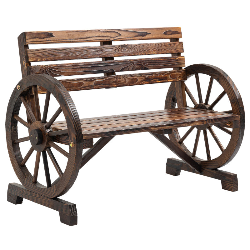 Gartenbank 2-Sitzer  Holzbank mit Wagenrad-Armlehnen im Landhausstil, Tannenholz, Braun
