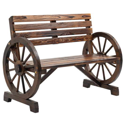 Gartenbank 2-Sitzer  Holzbank mit Wagenrad-Armlehnen im Landhausstil, Tannenholz, Braun