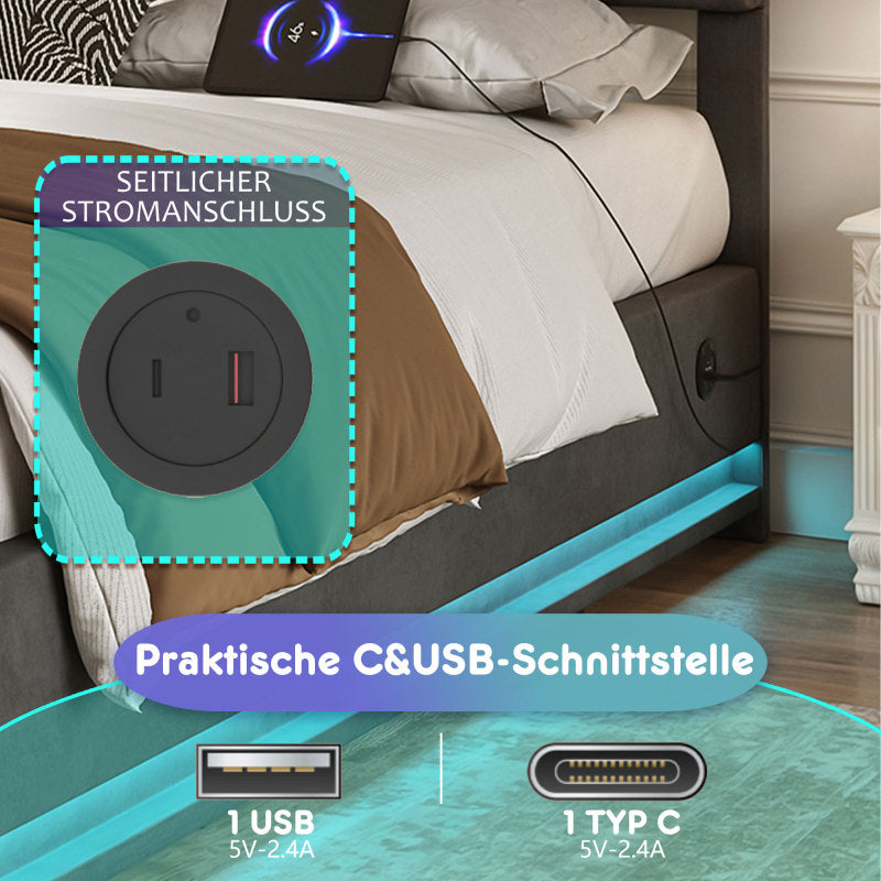 160 x 200 cm Bettgestell aus weichem Samt mit USB Type C Ladefunktion und LED Beleuchtung, Hydrauliksystem Stauraum Bettgestell aus Samtmaterial Jugendbett mit Lattenrost, Grau