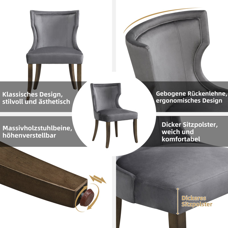 Esszimmerstuhl aus Samt, 4er-Set mit Beinen aus Massivholz, dickes Kissen, Grau