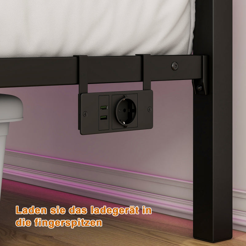120x200cm Bettrahmen mit Kopfplatte, Metallbettrahmen mit USB-Ladestation, LED-Bettrahmen, Starke Stahlschicht-Unterstützung, Unter Bettlagerung, Keine Boxfeder erforderlich, Lärmfrei, Einfache Montag