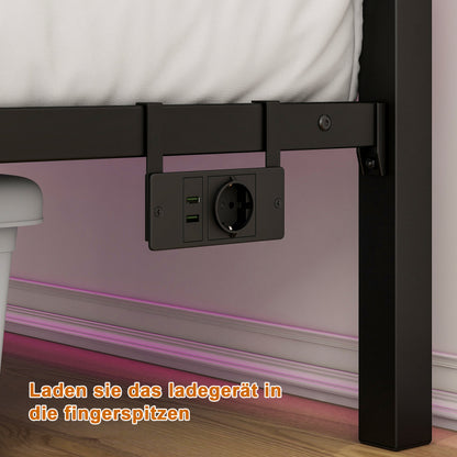 120x200cm Bettrahmen mit Kopfplatte, Metallbettrahmen mit USB-Ladestation, LED-Bettrahmen, Starke Stahlschicht-Unterstützung, Unter Bettlagerung, Keine Boxfeder erforderlich, Lärmfrei, Einfache Montag