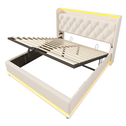 Polsterbett Doppelbett, 360-Surround-LED-Funktion, Drucktaste/App/Fernbedienung, 160*200 cm, weiß PU-Material Hydraulisches Lagerbett, gepolstertes Kopfteil mit USB Typ-C Ladefunktion (Mit Matratze)