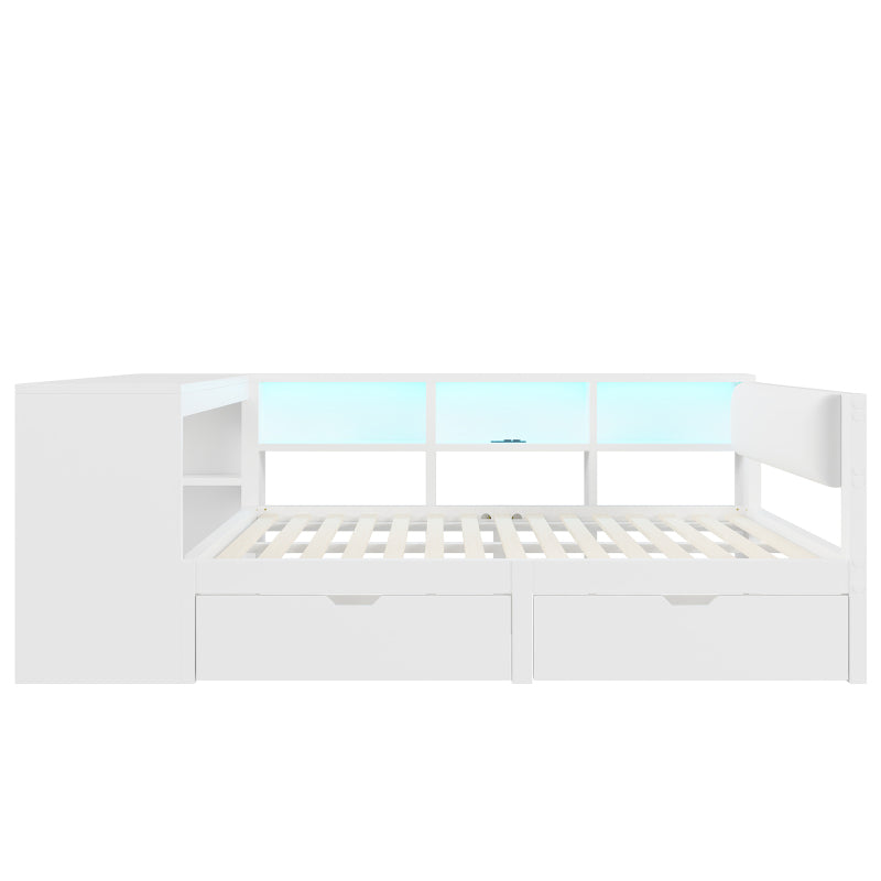 140x200 Holz-Plattformbett mit Ablageflächen, Schubladen, Ladestation und gepolstertem Kopfteil, Mit bunten LED-Leuchten, Weiß