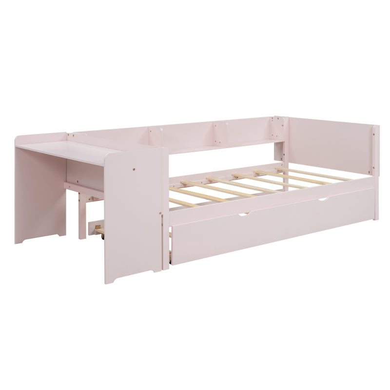 90*200cm, Flachbett, mit ausziehbarem Bett, mit Schreibtisch, drei Regale an der Seite des Bettes, Rosa